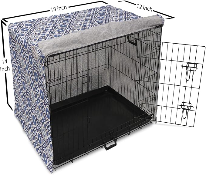 Lunarable Geometric Dog Crate Cover, Azulejo Tile Motifs Portuguese Ceramic Pattern European Art, Easy to Use Pet Kennel Cover for Small Dogs Puppies Kittens, 18 Inch, Burnt Sienna Royal Blue