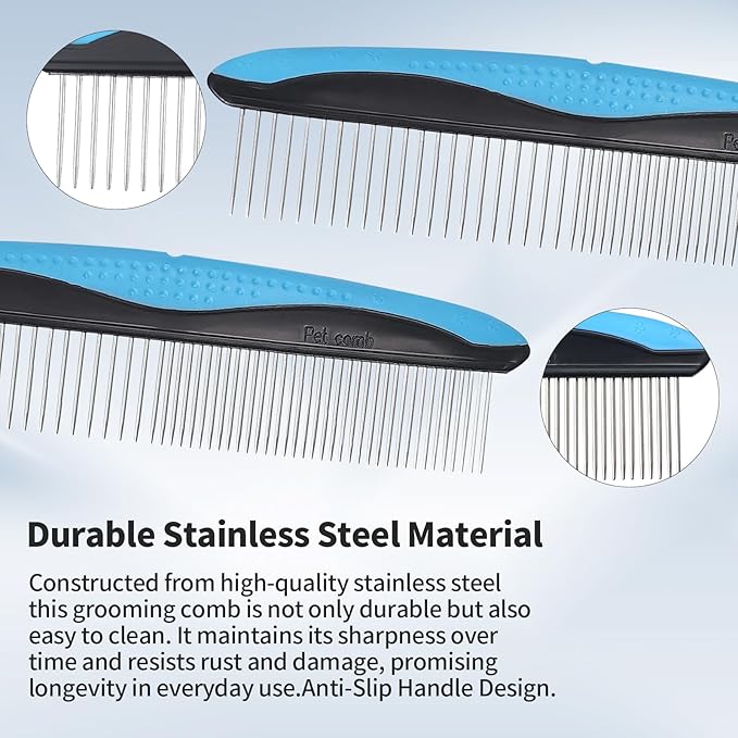 Pet Comb for Dogs and Cats - 2-in-1 Design with Wide & Narrow Teeth, Stainless Steel Round Ends for Safe Detangling, Non-Slip Handle, Removes Knots, Mats, Tangles, and Loose Fur