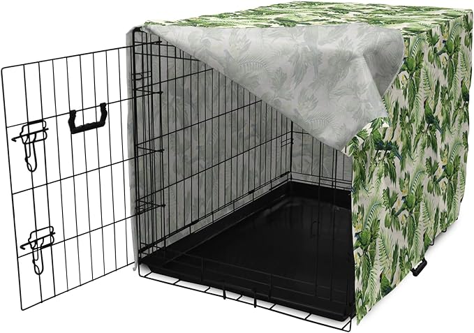 Lunarable Green Dog Crate Cover, Exotic Tropic Pattern with Palm Leaves Breadfruits Plumeria Flowers and Parrots, Easy to Use Pet Kennel Cover for Medium Large Dogs, 36 Inch, Lime Green Cream