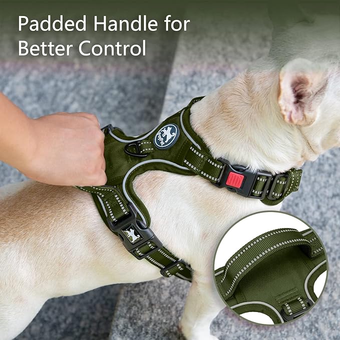 PoyPet No Pull Dog Harness, No Choke Reflective Dog Vest, Adjustable Pet Harnesses with Easy Control Padded Handle for Small Medium Large Dogs(Military Green,XS)
