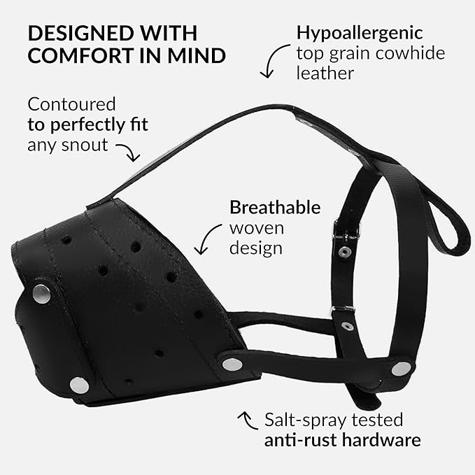 CollarDirect Leather Basket Dog Muzzle for German Shepherd Staffordshire Terrier Pitbull Medium Large Breeds Training, Anti-Barking, Biting, Chewing (Black)