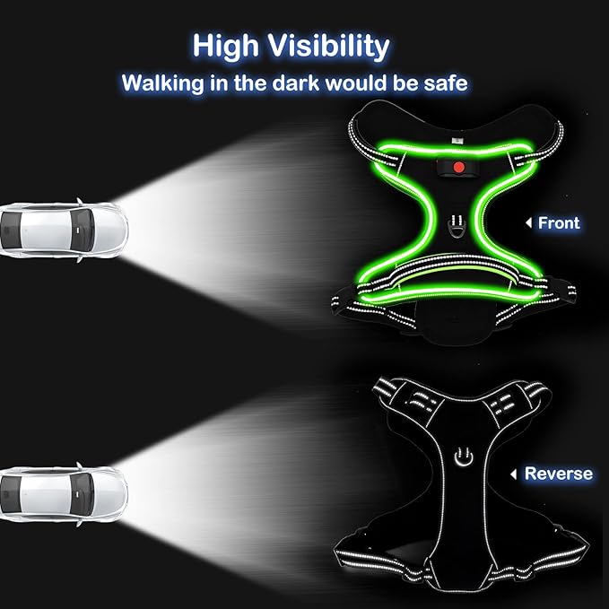 Light Up Dog Harness No Pull LED Dog Harness with Handle Vizbrite Rechargeable Lighted Dog Vest Harness for Small/Medium/Large/X-Large Size Dogs No Pull, 4 Point Adjustable Dog Harness