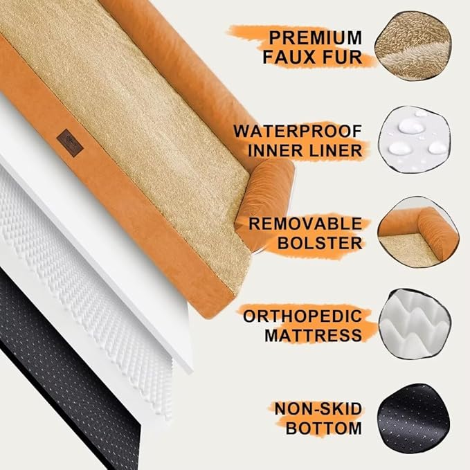 Large Dog Bed Orthopedic Washable, Orthopedic Dog Beds for Large Dogs with Washable Cover, Removable Bolster and Non-Slip Bottom Orange Large Dog Beds Orthopedic, XXXLarge Extra Large Dogs