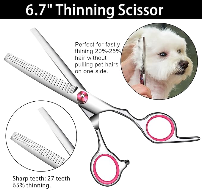 Pink Dog Grooming Scissors with Safety Round Tip,Pet Grooming scissors Kit,Dog Shears for Grooming,Incude Thinning,Curved Grooming Scissors and Comb for dogs, cats.Suitable for The Right Hand