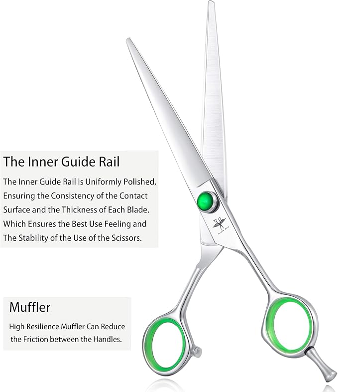 PURPLEBIRD 7 Inch Straight, Downward Curved Dog Grooming Scissors Set Professional Pet Cutting, Thinning Texturizing Shears Safety Blunt Tip Trimming Shearing Dog Cat Japanese Stainless Steel Silver