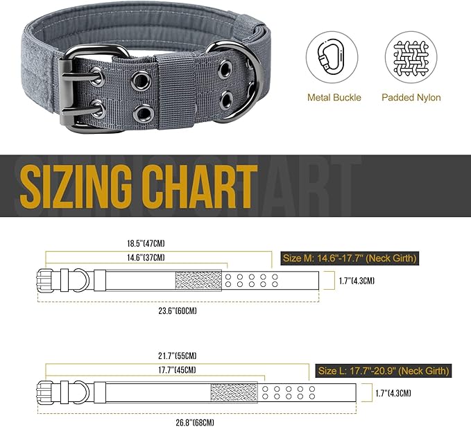 OneTigris Military Adjustable Dog Collar with Metal D Ring & Buckle 2 Sizes (L, Grey)