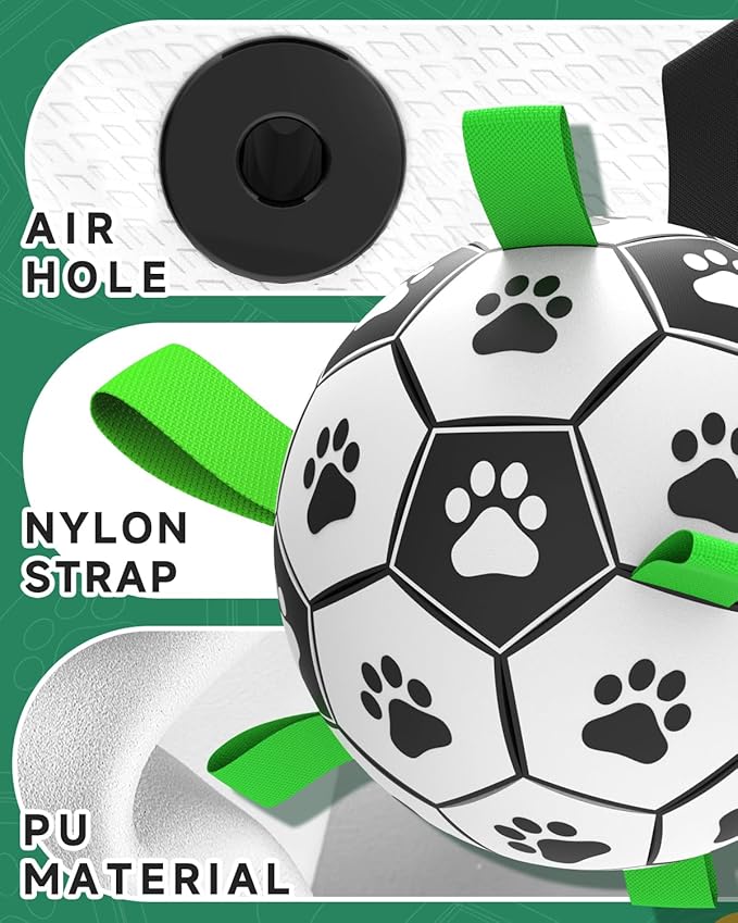 QDAN Dog Toys Soccer Ball with Straps - Durable Dog Balls for Giant Extra Large Dogs, Outdoor Dog Toys, Dog Water Toy, Herding Ball, Dog Birthday Gifts (10 Inch)