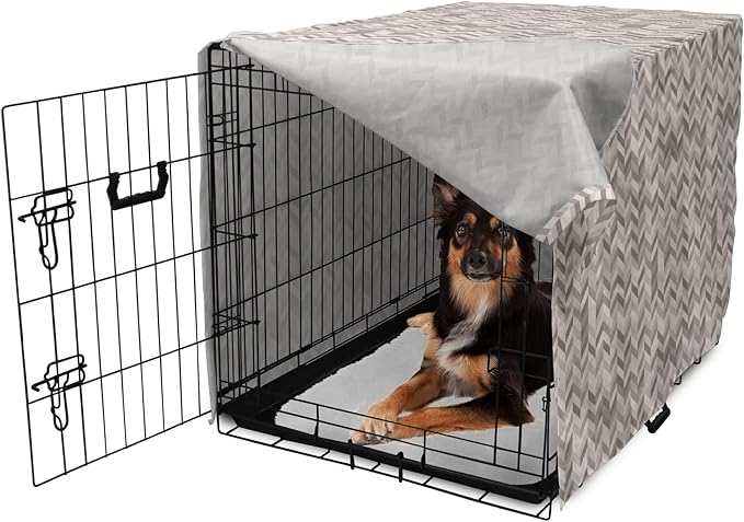Lunarable Chevron Dog Crate Cover, Monochrome Stripes 3 Dimensional Pattern Geometric Chevron Design Abstract, Easy to Use Pet Kennel Cover for Medium Large Dogs, 36 Inch, Taupe and Grey