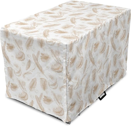 Lunarable Cream Dog Crate Cover, Fluffy Soft Flying Bird Feathers Hand Drawn Style Tender Nature Plumage Pattern, Easy to Use Pet Kennel Cover for Medium Large Dogs, 42 Inch, Pale Tan White