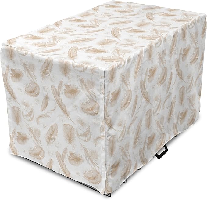 Lunarable Cream Dog Crate Cover, Fluffy Soft Flying Bird Feathers Hand Drawn Style Tender Nature Plumage Pattern, Easy to Use Pet Kennel Cover for Medium Large Dogs, 48 Inch, Pale Tan White