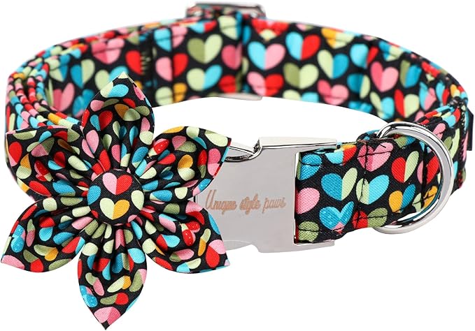 Unique Style Paws Valentine's Day Dog Collar with Bow Colorful Heart Love Dog Collars for Small Medium Large Dog New (M, Heart Flower)