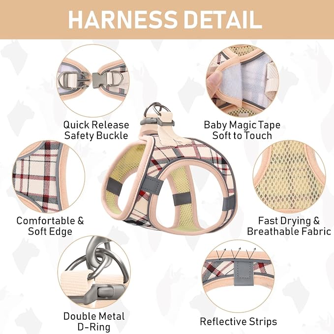 GAMUDA Small Dog Harness Collar and Leash Set, Step in No Chock No Pull Soft Mesh Adjustable Dog Vest Harnesses Plaid Reflective for Dogs Puppy Cats Kitten Rabbit (Beige, S)