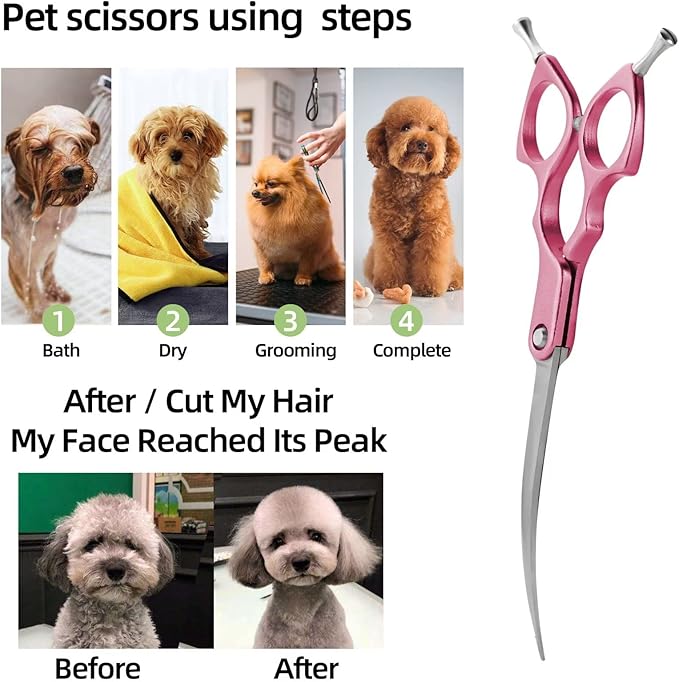 6.5" Curved Grooming Scissors for Dogs 440C Stainless Steel Professional Dog Grooming Scissors with Ultra-Light Aeronautical Aluminum Handle (Pink-Curved)