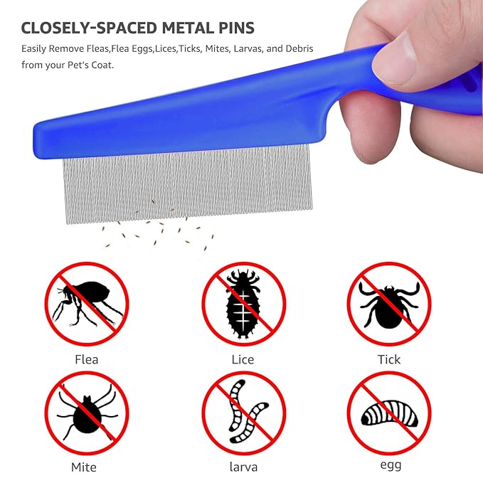 Flea Comb for Cats Dog Comb Lice Comb Metal Teeth Durable Tear Stain Dog Combs Remove Float Hair Combing Tangled Hair Dandruff Pet Comb Grooming Set 3 Pieces Add Storage Pouch (Blue)