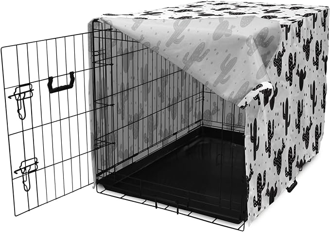 Ambesonne Cactus Dog Crate Cover, Monochrome Saguaro Succulent Botanical Continuous Pattern Plain Background, Easy to Use Pet Kennel Cover for Small Dogs Puppies Kittens, 22 Inch, Charcoal Grey