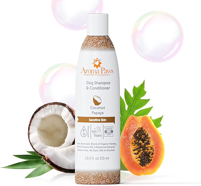 Dog Shampoo and Conditioner - Aromatic Tearless Shampoo for Cleansing, Grooming, and Conditioning Sensitive Skin - Moisturizing Shampoo for Dogs and Puppies - Coconut Papaya 13.5 oz