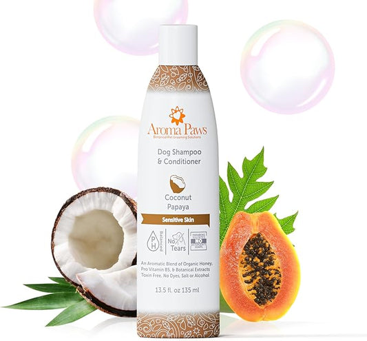 Dog Shampoo and Conditioner - Aromatic Tearless Shampoo for Cleansing, Grooming, and Conditioning Sensitive Skin - Moisturizing Shampoo for Dogs and Puppies - Coconut Papaya 13.5 oz