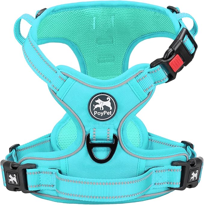 PoyPet No Pull Dog Harness, No Choke Reflective Dog Vest, Adjustable Pet Harnesses with Easy Control Padded Handle for Small Medium Large Dogs(Mint Blue Matching Trim,M)