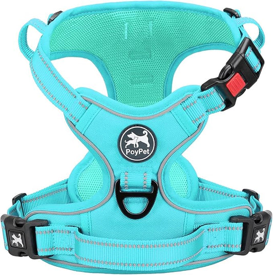 PoyPet No Pull Dog Harness, No Choke Reflective Dog Vest, Adjustable Pet Harnesses with Easy Control Padded Handle for Small Medium Large Dogs(Mint Blue Matching Trim,M)