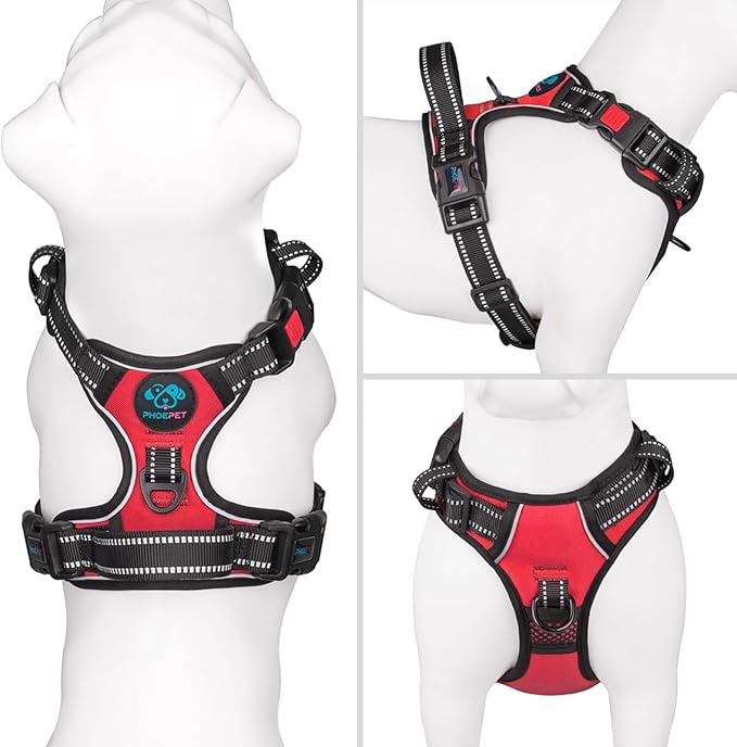 PHOEPET Reflective Dog Harness Large Breed Adjustable No Pull Vest with Handle 2 Metal Rings 3 Buckles [Easy to Put on & Take Off](XL, Red)