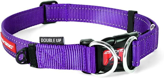 EzyDog Double Up Premium Nylon Dog Collar with Reflective Stitching - Double D-Rings for Superior Strength, Safety, and Comfortability - Non-Rusting and Includes an ID Attachment (Large, Purple)