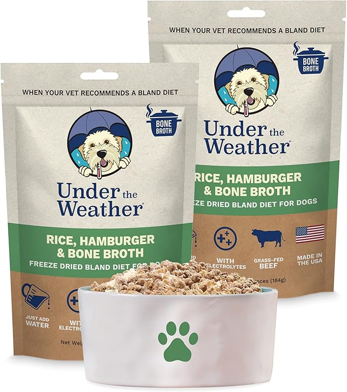 Under the Weather Bland Diet for Dogs | Easy to Digest for Sick Dogs | Always Be Ready | Contains Electrolytes - Natural Freeze Dried 100% Human Grade Meats| 2 Pack- Rice, Hamburger & Bone Broth - 6oz