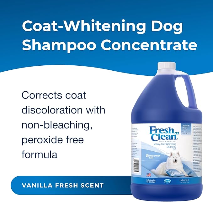 PetAg Fresh ’n Clean Whitening Snowy-Coat Shampoo, Vanilla Scent (15:1 Concentrate) - 1 Gallon - Bleach-Free Formula to Correct Yellow Discoloration - Strengthens & Moisturizes Coats - Soap Free