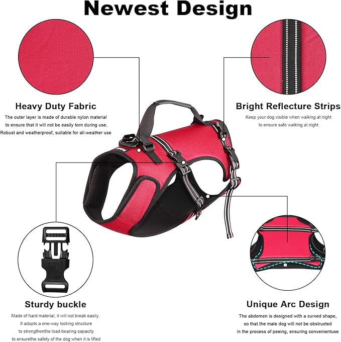 Dog Lift Harness, Full Body Support & Recovery Sling, Pet Rehabilitation Lifts Vest Adjustable Breathable Straps for Old, Disabled, Joint Injuries, Arthritis, Paralysis Dogs Walk (Red, XL)