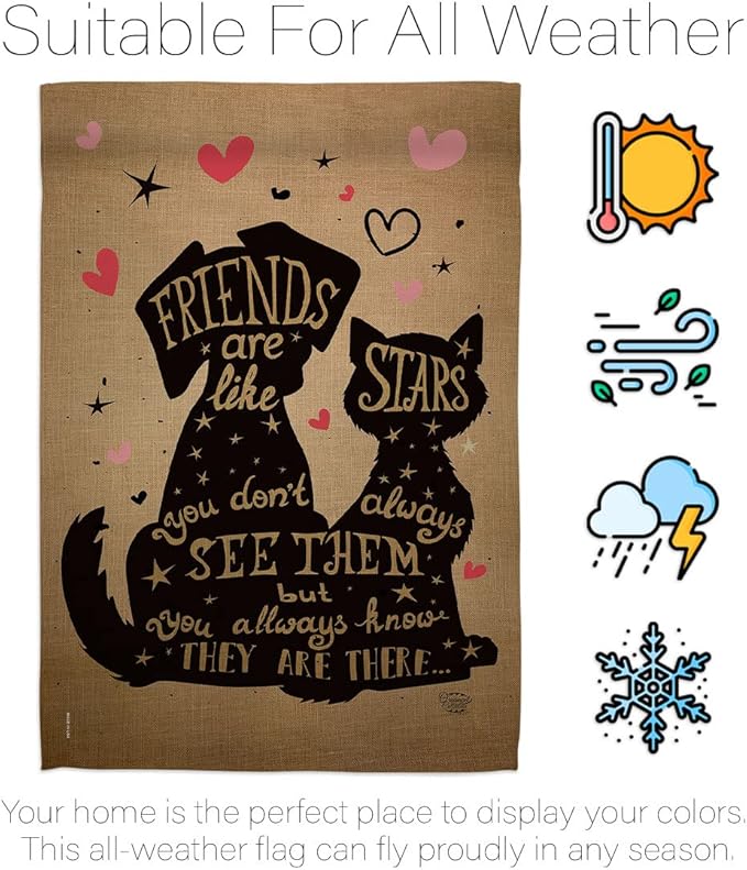 Friends are Like Stars House Flag 2 pcs Pack Dog Puppy Spoiled Paw Canine Fur Pet Nature Farm Animal Creature Decoration Banner Small Garden Yard Gift Double-Sided, Made in USA