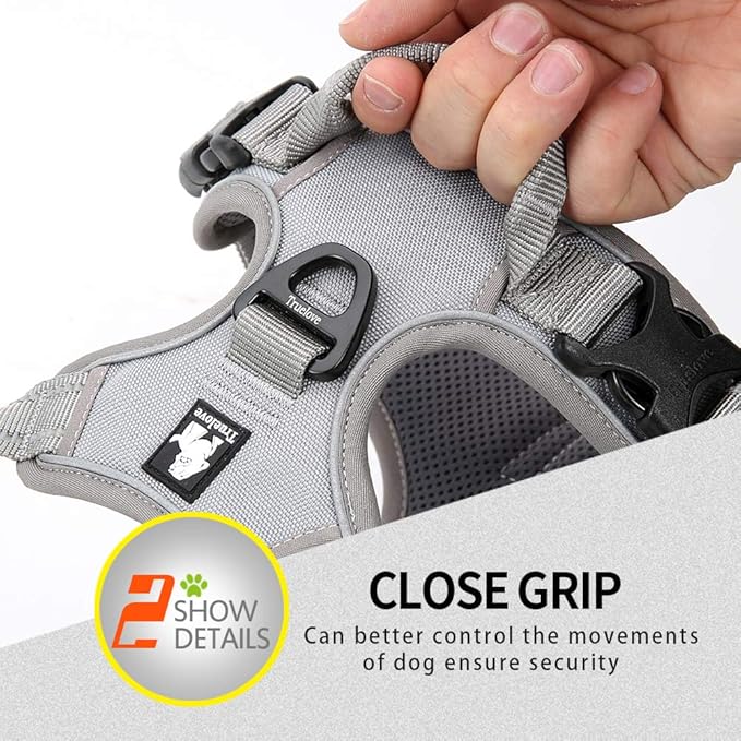 Truelove Soft Front Dog Harness .Reflective No Pull Harness with Handle and 2 Leash Attachments Gray