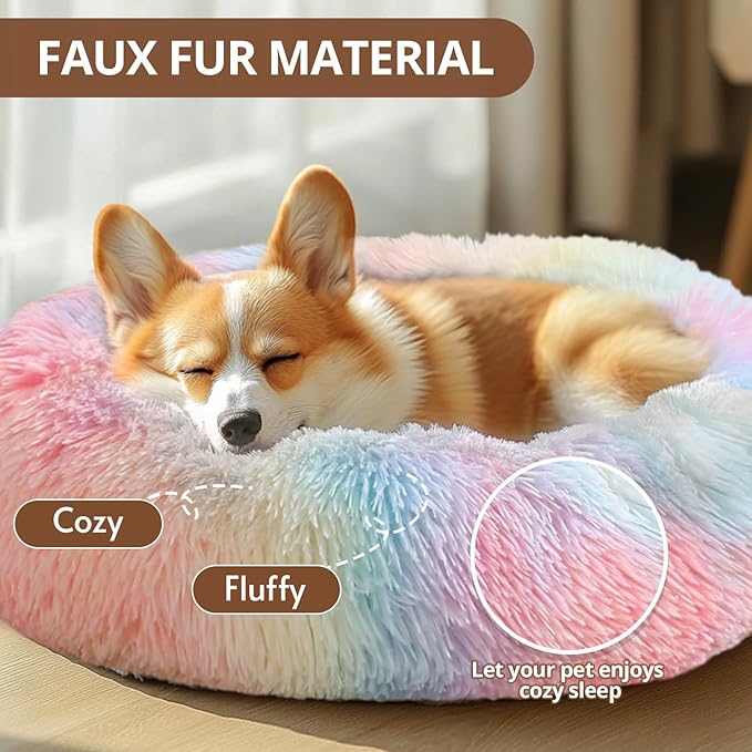 JOLLYVOGUE Donut Dog Bed for Medium Dogs, Anti-Anxiety Washable Round Bed, Calming Donut Dog Cat Bed for Puppy Bed, Fluffy Dog Beds for Large Dogs, Round Puppy Bed for Indoor Pet (31"/Rainbow