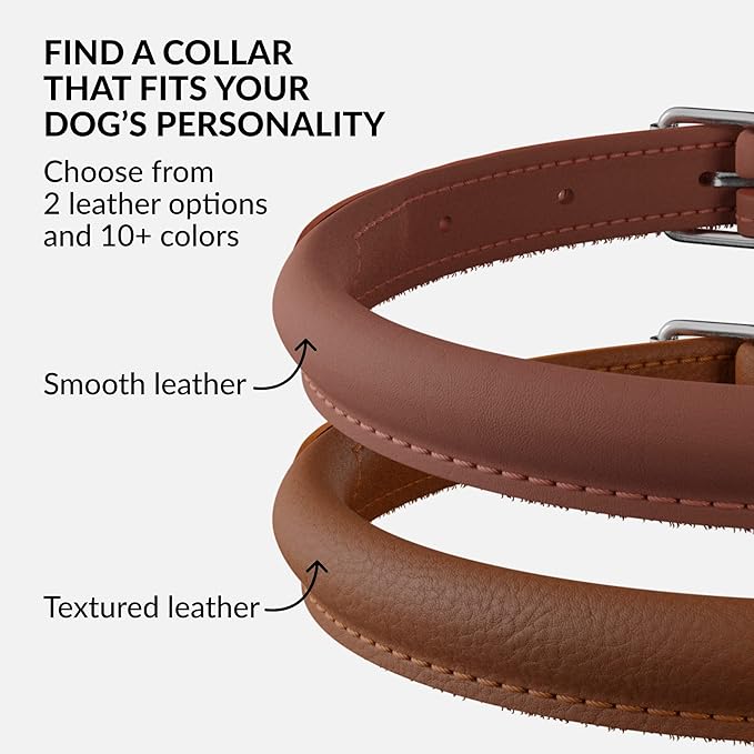 CollarDirect Rolled Leather Dog Collar, Soft Padded Round Puppy Collar, Handmade Genuine Leather Collar Dog Small Large Cat Collars 13 Colors (18-22 Inch, Cinnamon Smooth)