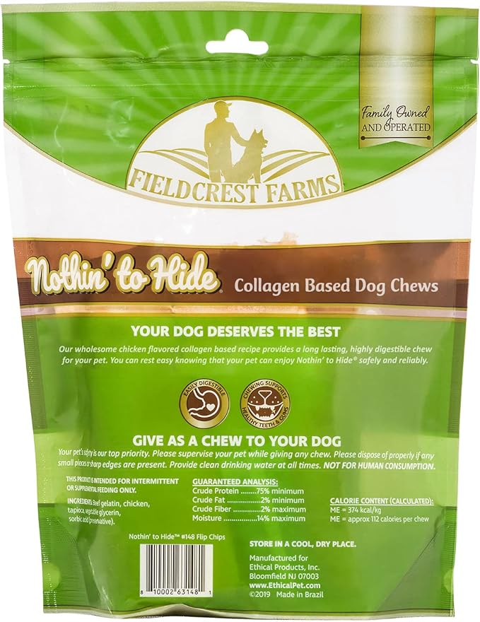 Fieldcrest Farms Nothin to Hide Flip Chips Dog Chews - All Natural Rawhide Alternative Treats for Dogs, Chicken, Beef or Peanut Butter Flavor Snack for All Breed Dogs - 3 Pack (Chicken)