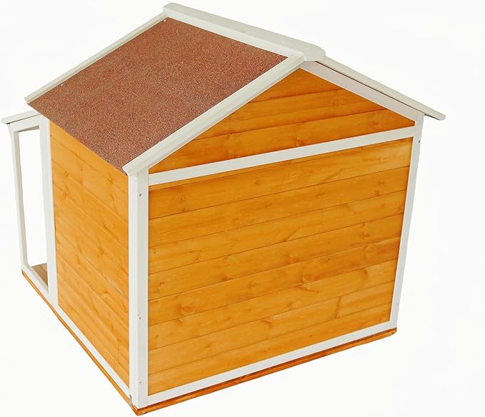 Indoor-Outdoor Wooden Dog House, Porch, Asphalt Roof, Plastic Door Curtain, Ventilation Windows, Brown, Weatherproof, Small to Medium Dog, Puppy Kennel