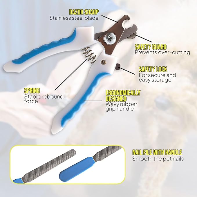 Pet Nail Clipper & Trimmers for Small Medium Large Breed Dog & Cat - Professional Grooming Tool Built-in Safety Guard, Non-Slip Handle and Bonus Nail File & Hair Comb Pet
