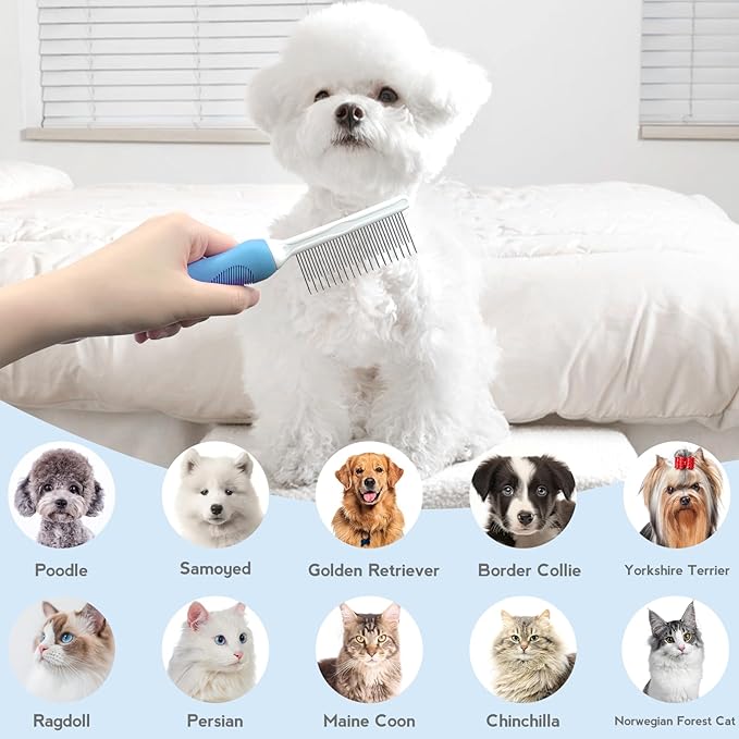 Detangling Pet Comb for Dog & Cat, Grooming Comb with Long & Short Stainless Steel Teeth, Safely Remove Knots & Tangles for Healthy Shiny Coat, Gentle Effective Detangling Tool for Pet Hair (Blue)