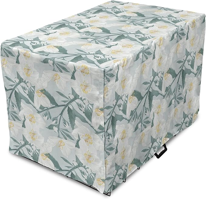 Lunarable Jasmine Dog Crate Cover, Delicate Pointy Petals Flower in Muted Tones, Easy to Use Pet Kennel Cover for Small Dogs Puppies Kittens, 18 Inch, Pale Teal Pale Blue