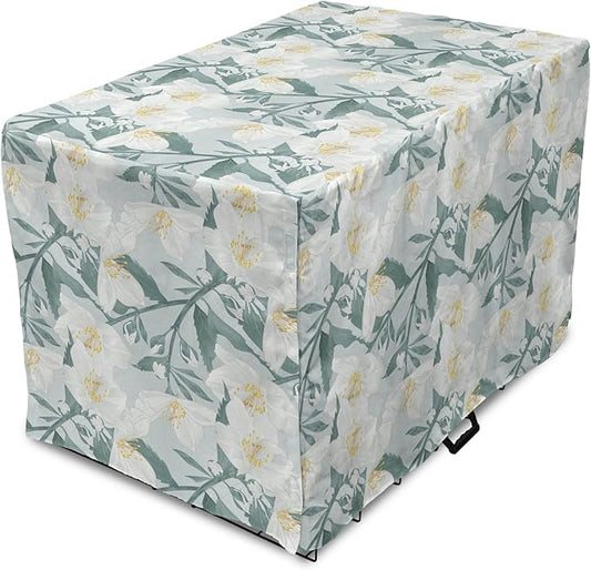 Lunarable Jasmine Dog Crate Cover, Delicate Pointy Petals Flower in Muted Tones, Easy to Use Pet Kennel Cover for Medium Large Dogs, 48 Inch, Pale Teal Pale Blue