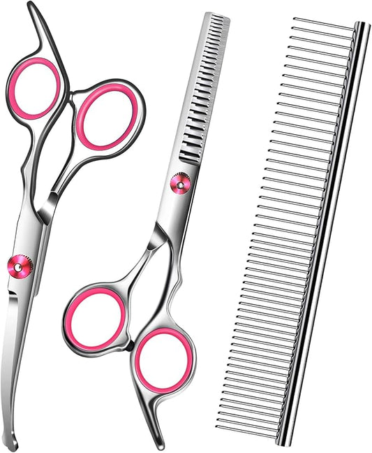 Pink Dog Grooming Scissors with Safety Round Tip,Pet Grooming scissors Kit,Dog Shears for Grooming,Incude Thinning,Curved Grooming Scissors and Comb for dogs, cats.Suitable for The Right Hand