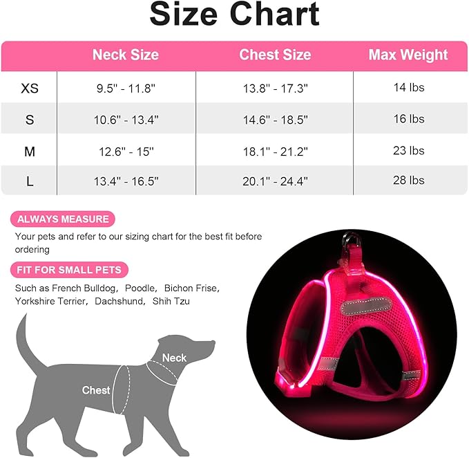 Light Up Dog Harness,LED Dog Harness Rechargeable, Lighted Dog Vest Harness for Night Walking,Reflective Safety Vest for Small Medium Large Dogs,Adjustable Soft Mesh,Pink,Large
