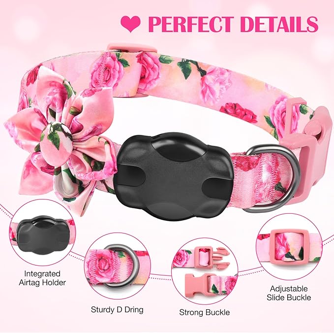 Airtag Dog Collar for Medium Dogs, Rose-Pink Dog Collars Girl with AirTag Holder Waterproof Airtag Case, Including Flower Spring Dog Collar Bowtie, for All Female Dogs ﻿