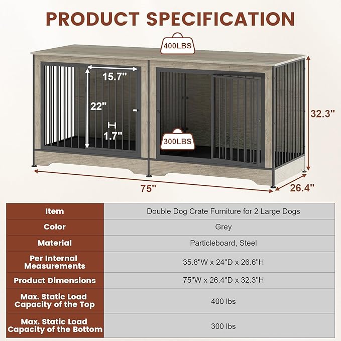 75 Inch Double Dog Crate Furniture for 2 Large Dogs with 2 Trays and Divider, 3-in-1 Grey Large Double Dog Kennel TV Stand with Adjustable Feet