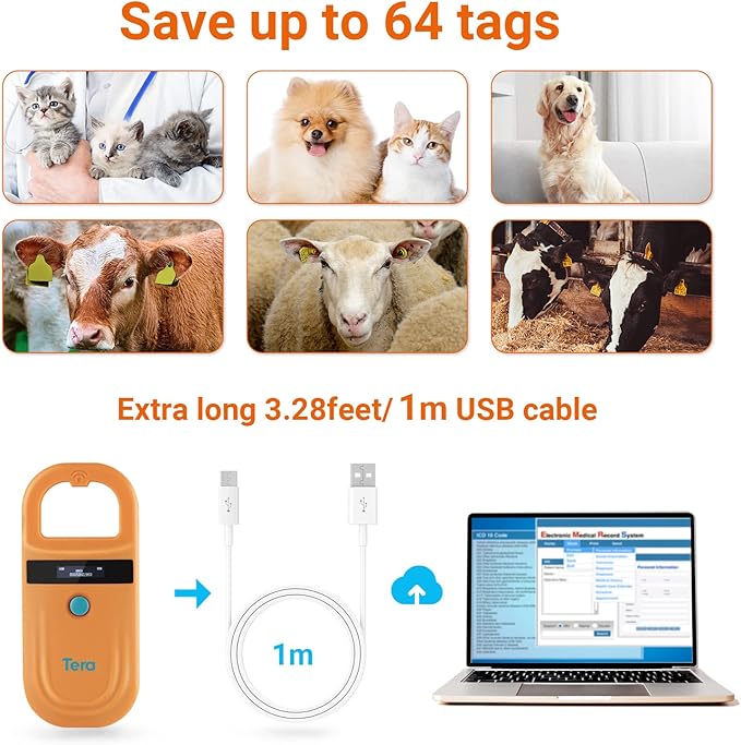 Tera Pet Microchip Reader Scanner RFID Portable Animal Chip ID Scanner with OLED Display Screen Rechargeable Data Storage Tag Scanner Supports EMID FDX-B(ISO11784/85) for Dog Cat Pig Animal Management