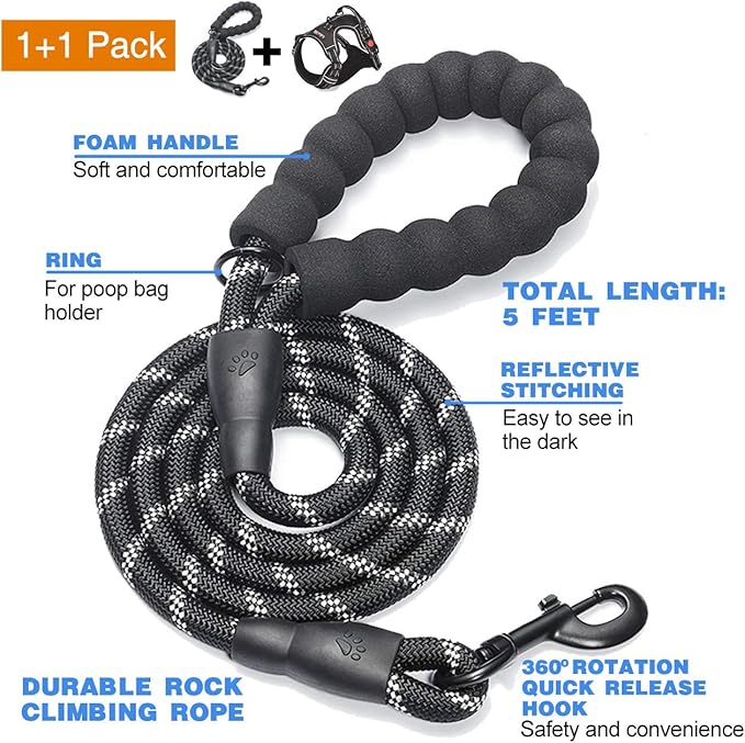 tobeDRI No Pull Harness with A Free Heavy Duty 5ft Leash for Medium Large Dog Adjustable Reflective Oxford Easy Control (L (Neck: 18"-25.5", Chest: 24.5"-33"), Black Harness+Leash)