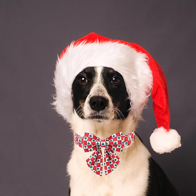 MR. CHUBBYFACE Christmas Dog Collar with Bow,Adjustable Red Square Cotton Dog Collar, Durable Dog Collar with Metal Buclke, Cute Christmas Collars for Puppy Small Medium Large Dogs