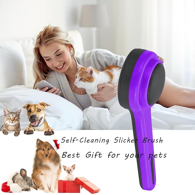 Cat Slicker Brush, Self-Cleaning Brush for Indoor Cats Grooming Brushes for Dogs Short Long Hair Cats Shedding Easy Remove Kittens Cats Loose Undercoat (Purple)