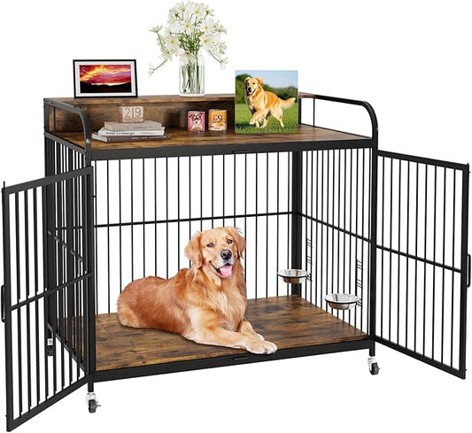 48 Inch Dog Crate Furniture, Dog Crate with Adjustable Height Feeder, Designed for Small Dogs, Featuring 360-Degree Swivel Wheels for Easy Movement, Rustic Brown Finish