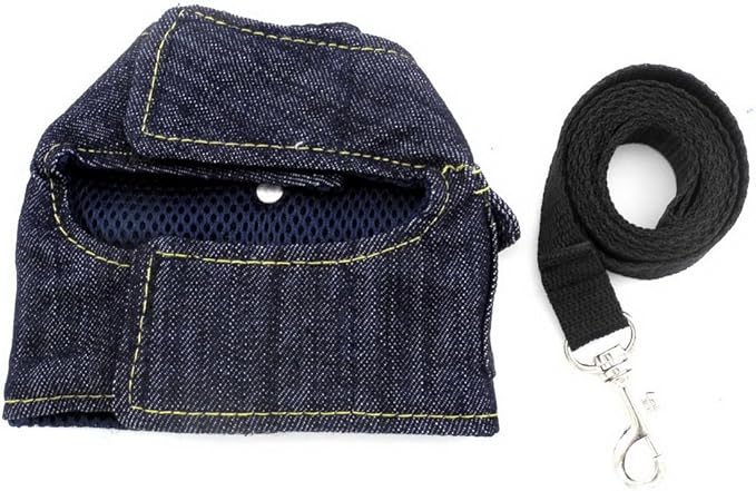 SMALLLEE_LUCKY_STORE Small Dog Cat Denim Vest Jacket Harness,Soft Mesh Padded Puppy Harness Leash Set,Easy on and Off,Dark Blue L