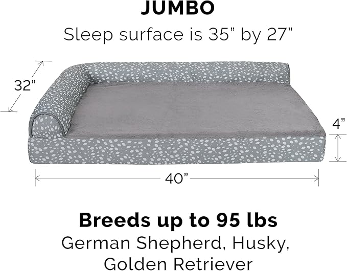 Furhaven Orthopedic Dog Bed for Large Dogs w/ Removable Bolsters & Washable Cover, For Dogs Up to 95 lbs - Plush & Almond Print L Shaped Chaise - Gray Almonds, Jumbo/XL