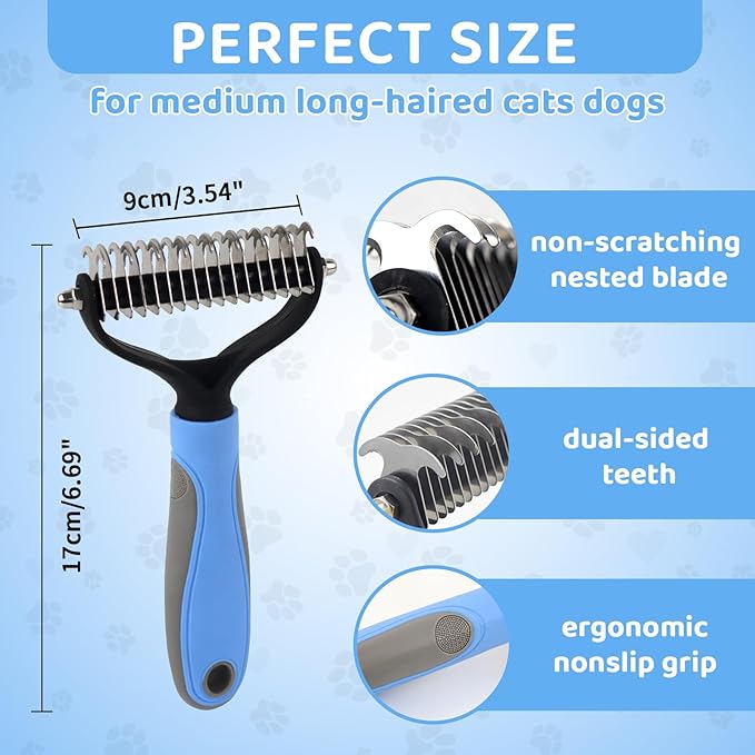 Pet Grooming Brush Stainless Steel Comb Suit for Dogs and Cats, Dog & Cat Double Sided Brush for Shedding, Pet Hair Removal Tool, Blue